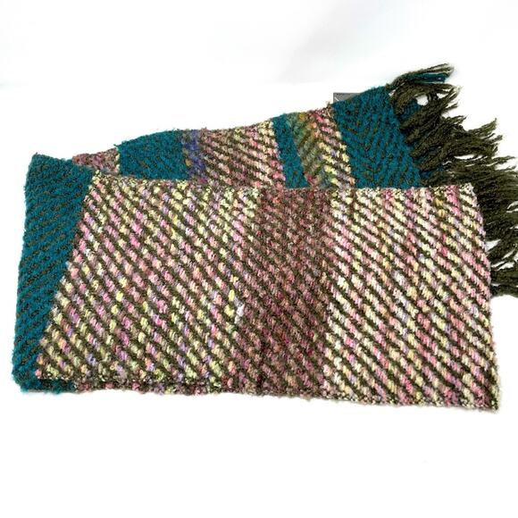 Renne's NYC Women's Knit Scarf in Teal Multi, Soft Rectangle Scarf w/ Fringe - Picture 3 of 7